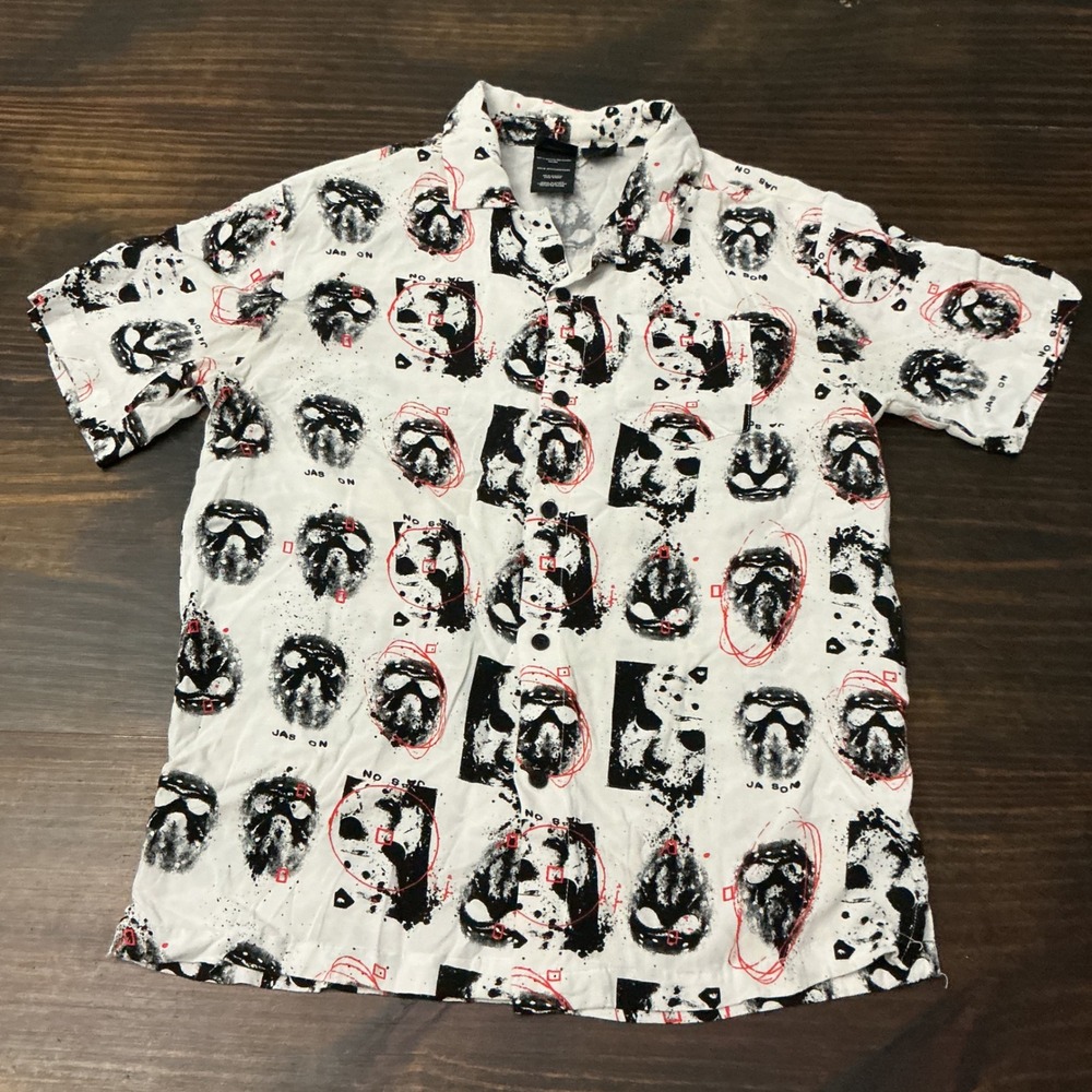 Friday the 13th Jason Voorhees Mask Print Rayon Button Down Shirt Mens Medium